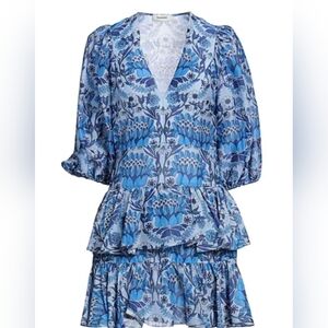 Sandro Tiered Printed Blue Short Dress, Size EU34, US2